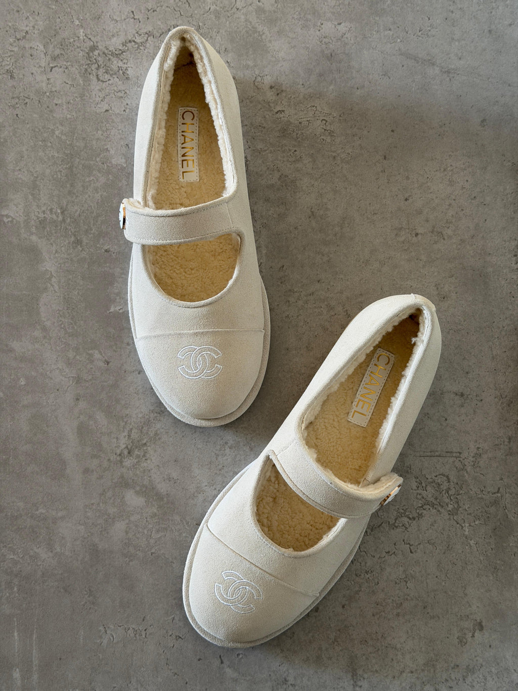 Chanel Suede Shearling Mary Jane Flats