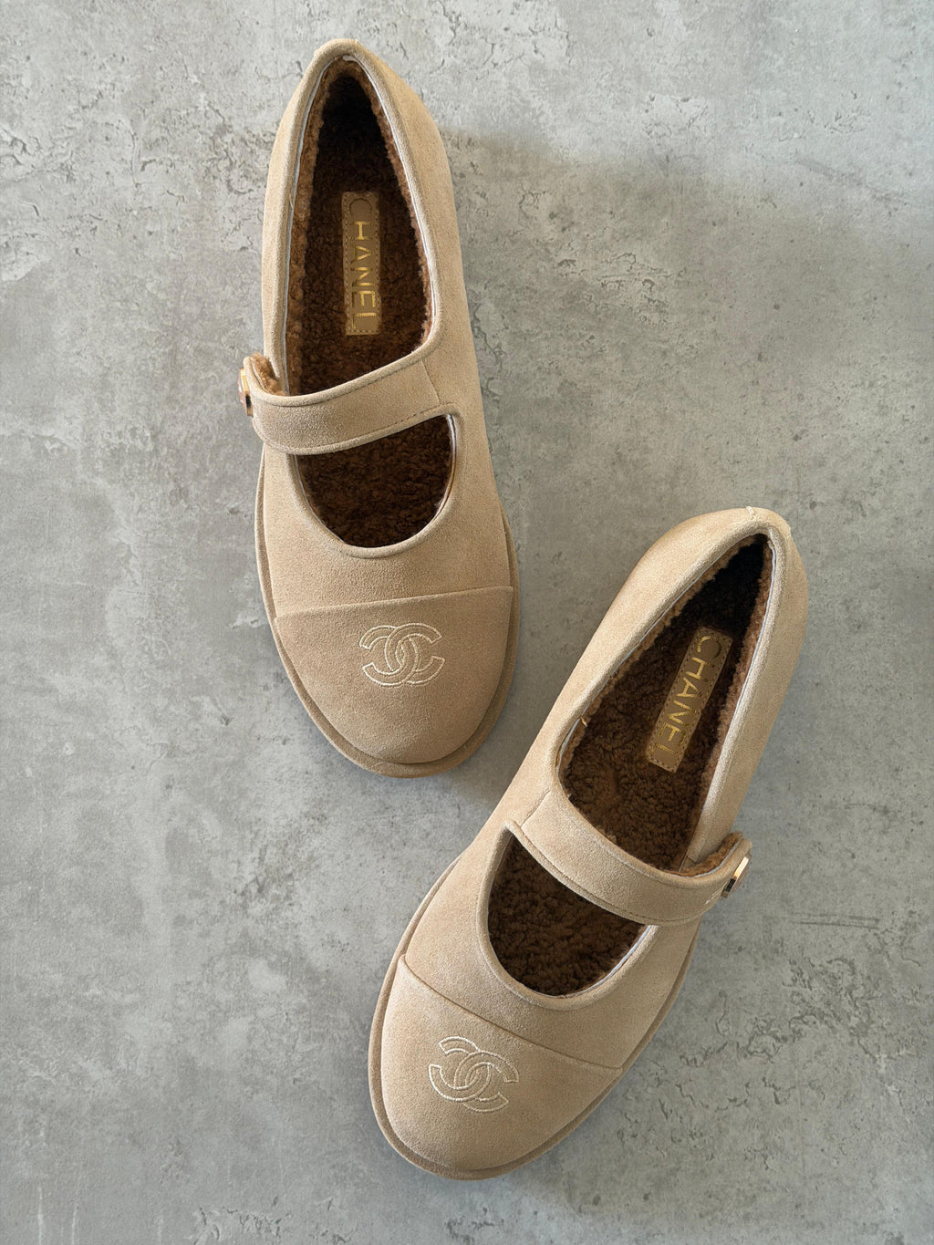 Chanel Suede Shearling Mary Jane Flats