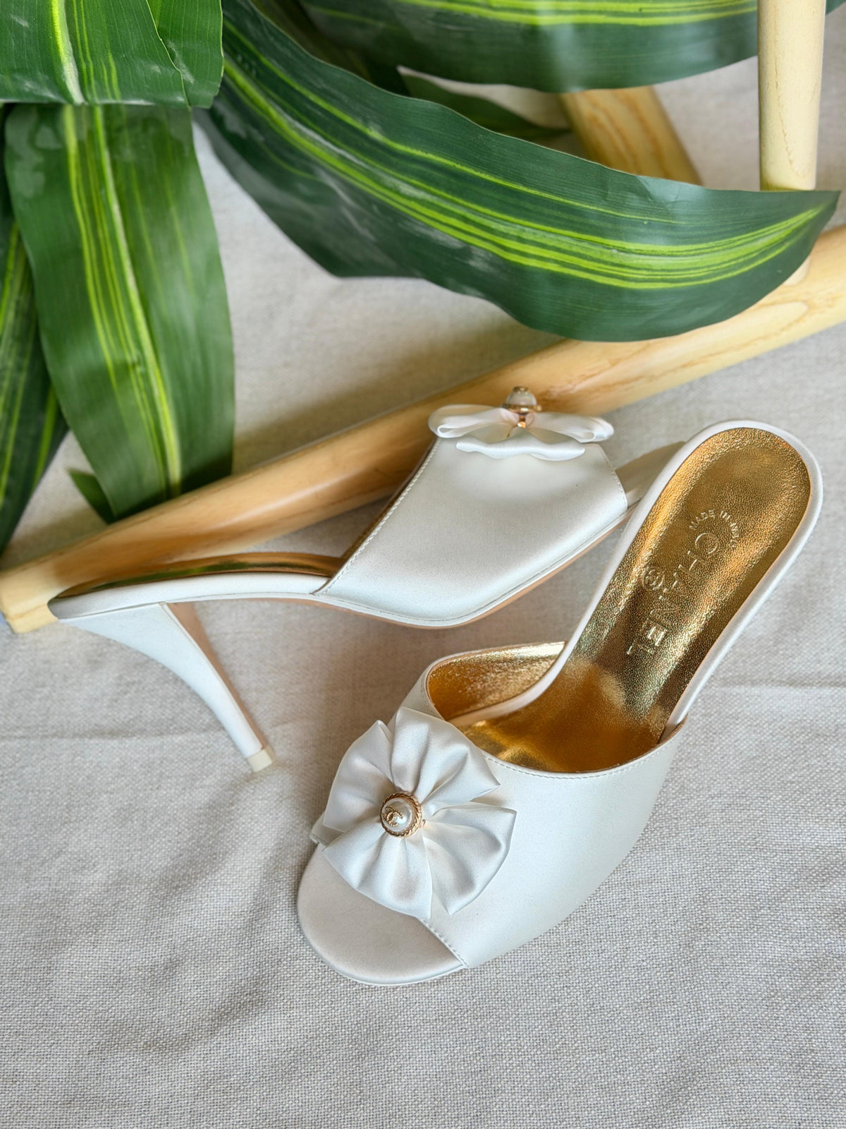 Chanel Satin Pearl Bow Mules
