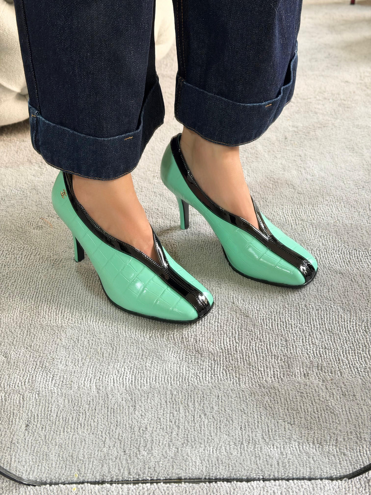 Chanel V-Cut Crocodile Embossed & Patent Calfskin Pumps