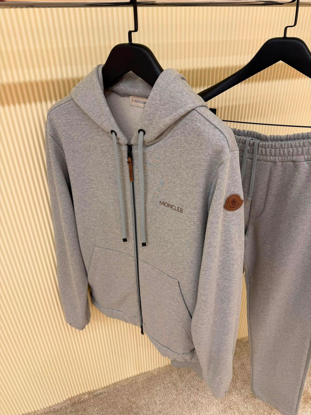 Moncler Leather Logo Zip-Up Hoodie and Sweatpants Tracksuit