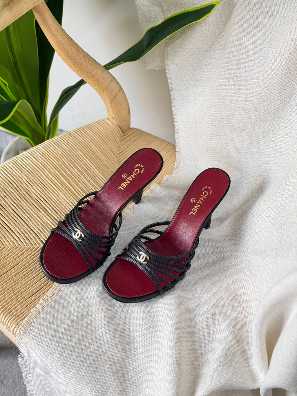 Chanel Goatskin Multi-Strap Heeled Mules