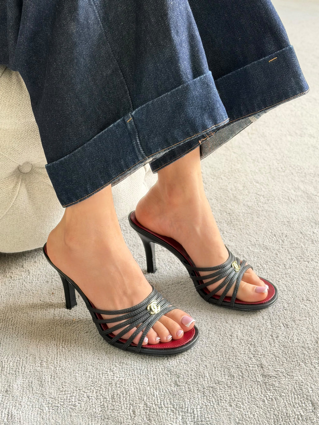 Chanel Goatskin Multi-Strap Heeled Mules