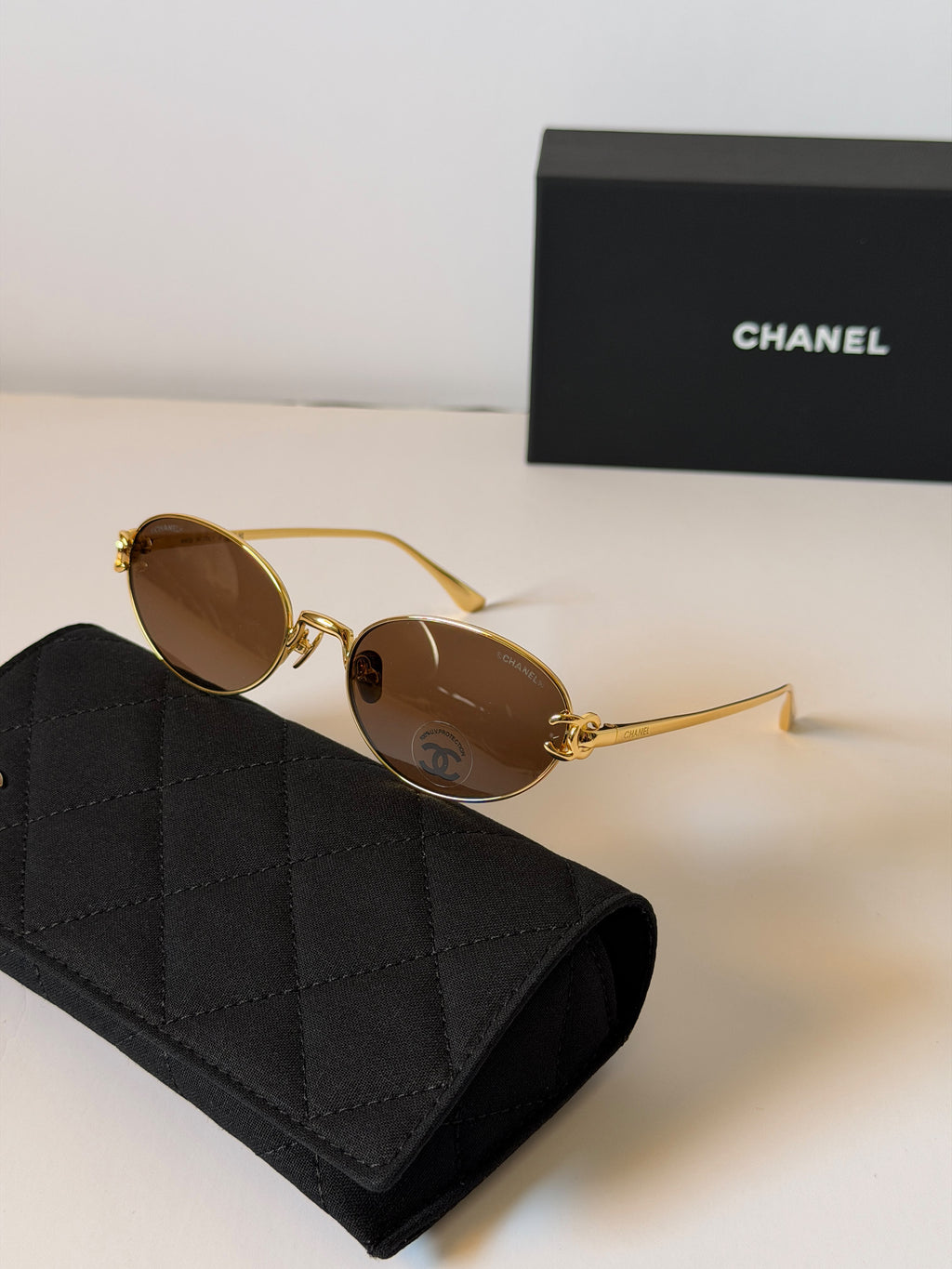 Chanel Oval Leather-Chain Metal Sunglasses