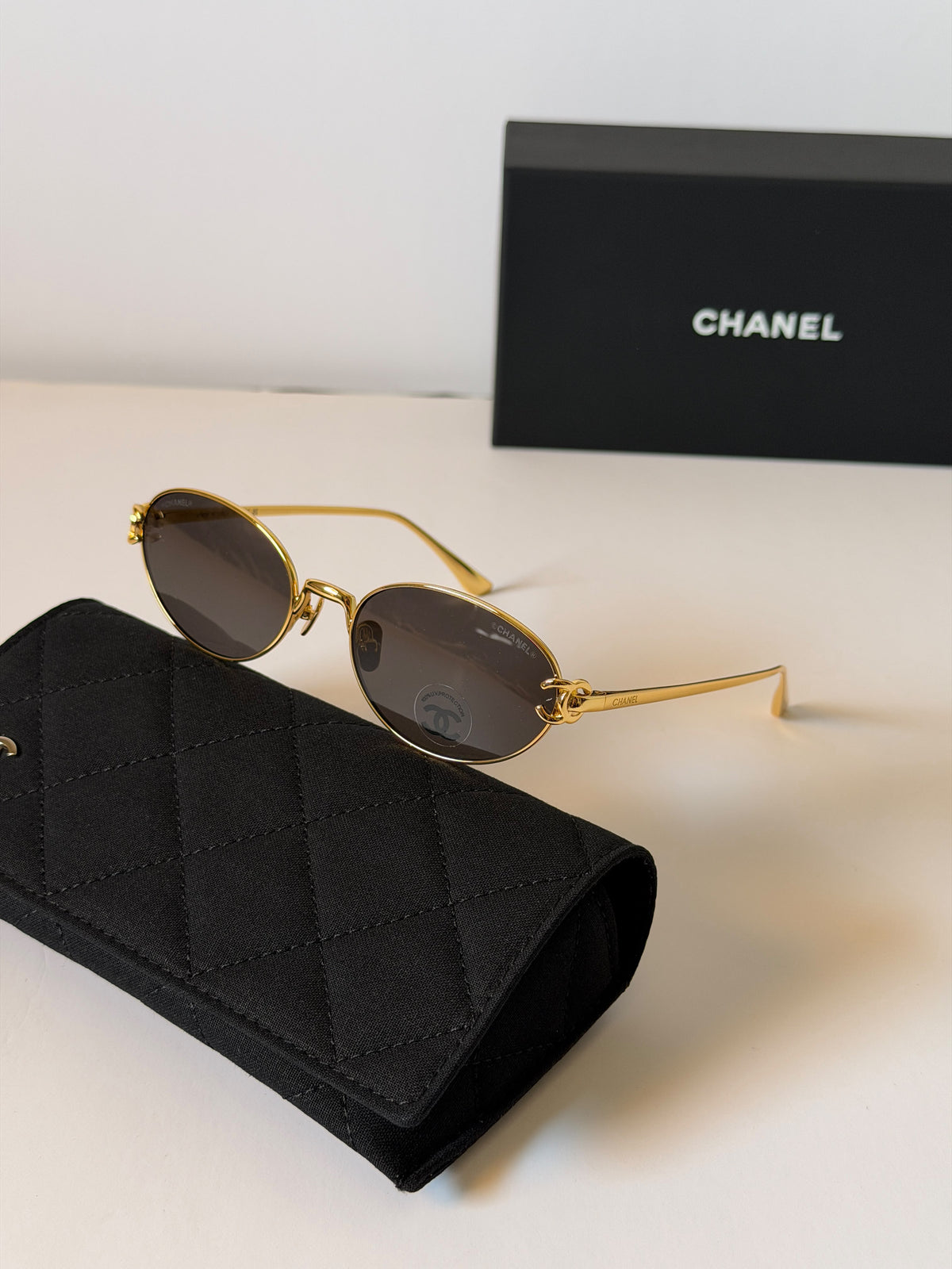 Chanel Oval Leather-Chain Metal Sunglasses