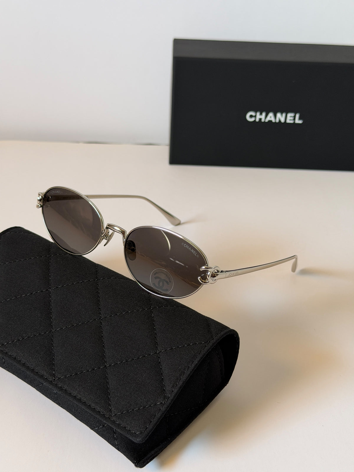 Chanel Oval Leather-Chain Metal Sunglasses