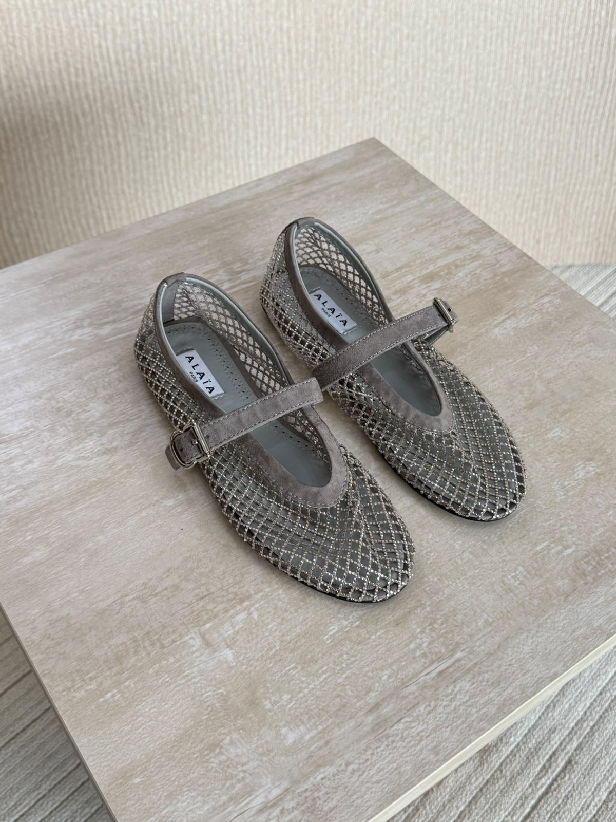 Alaia Crystal-Embellished Mesh Mary Jane Flats