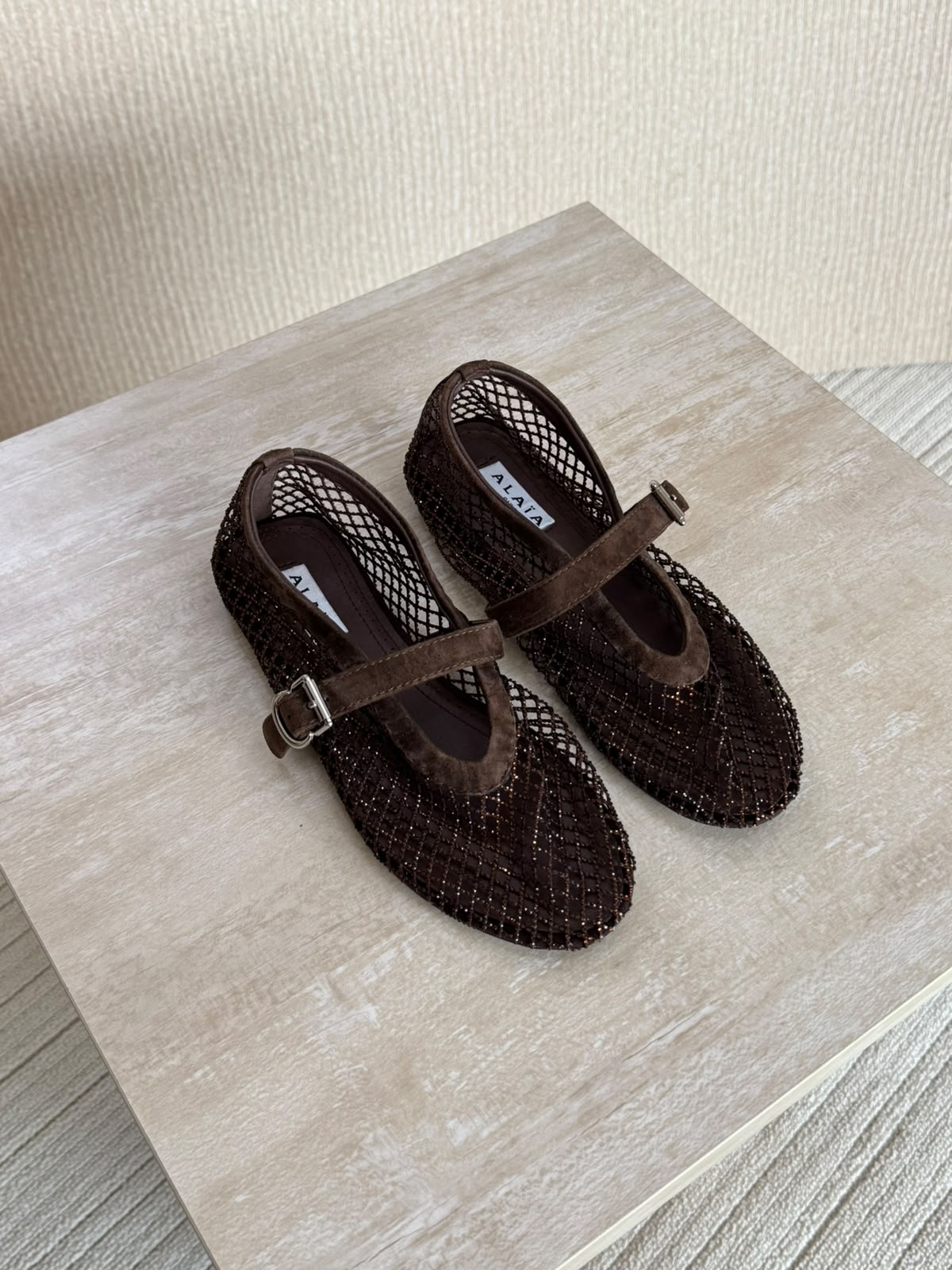 Alaia Crystal-Embellished Mesh Mary Jane Flats