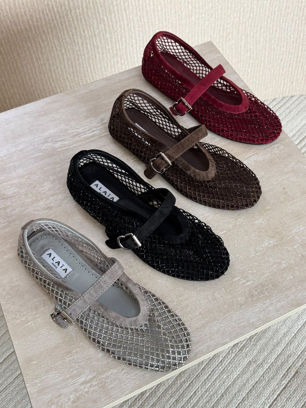 Alaia Crystal-Embellished Mesh Mary Jane Flats