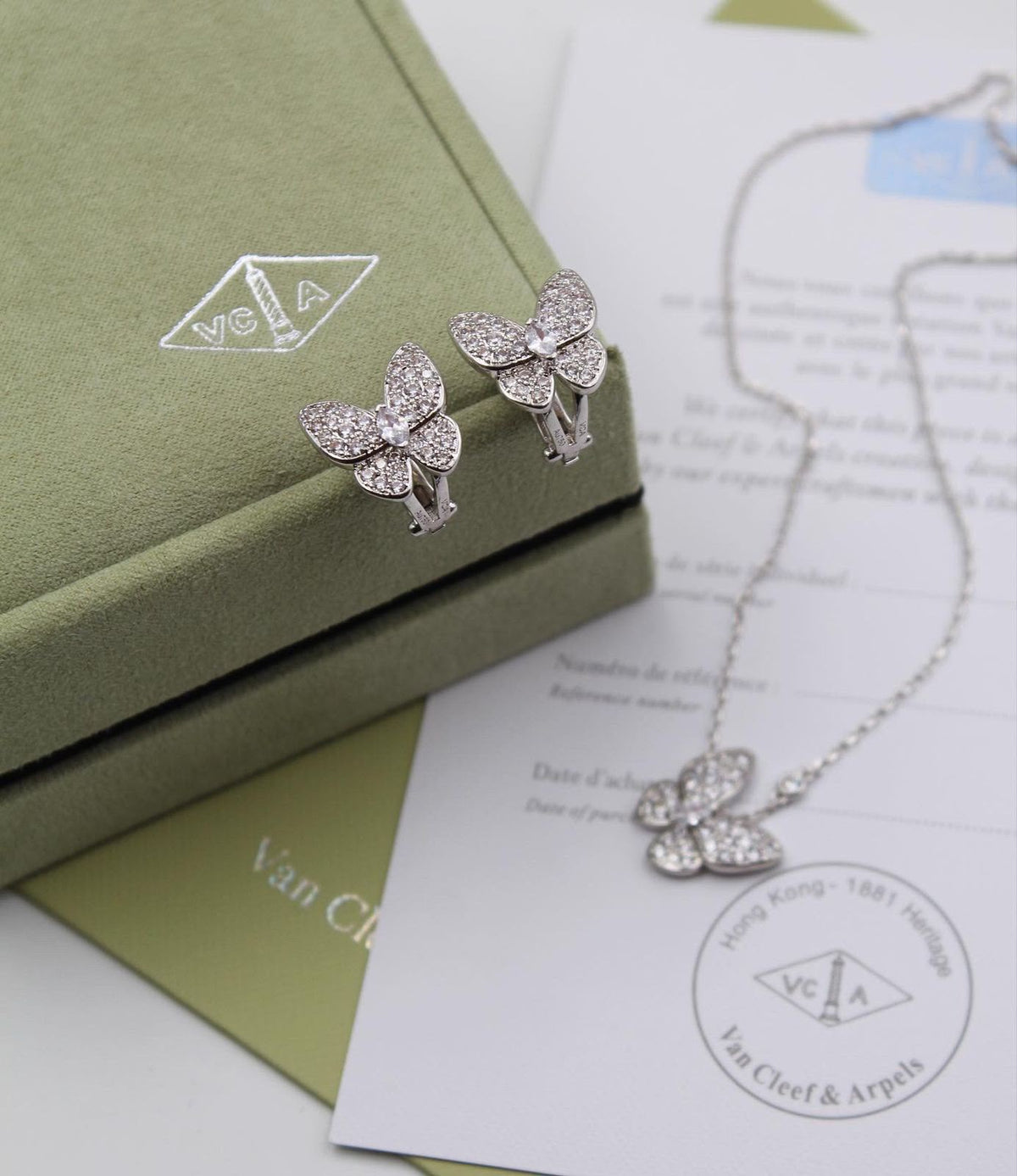 Van Cleef & Arpels Two Butterfly Diamond Pendant and Earrings Set
