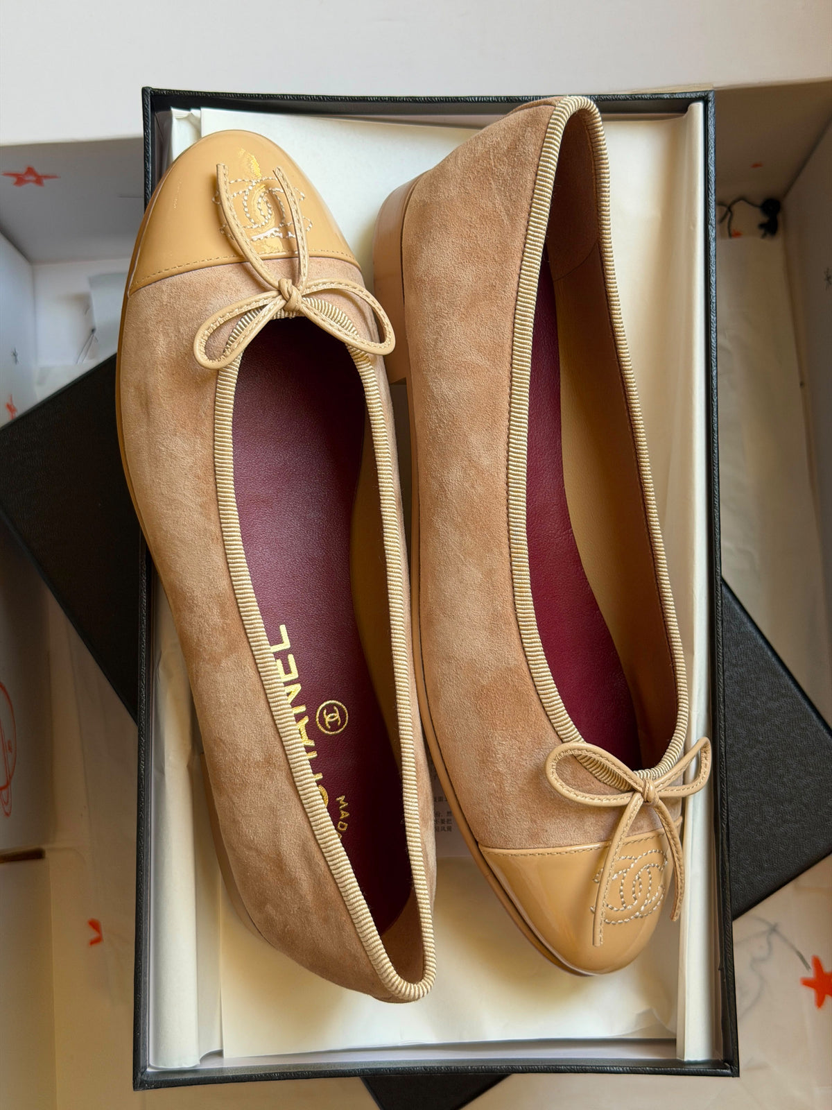 Chanel Suede Patent Calfskin Cap Toe CC Ballerina Flat
