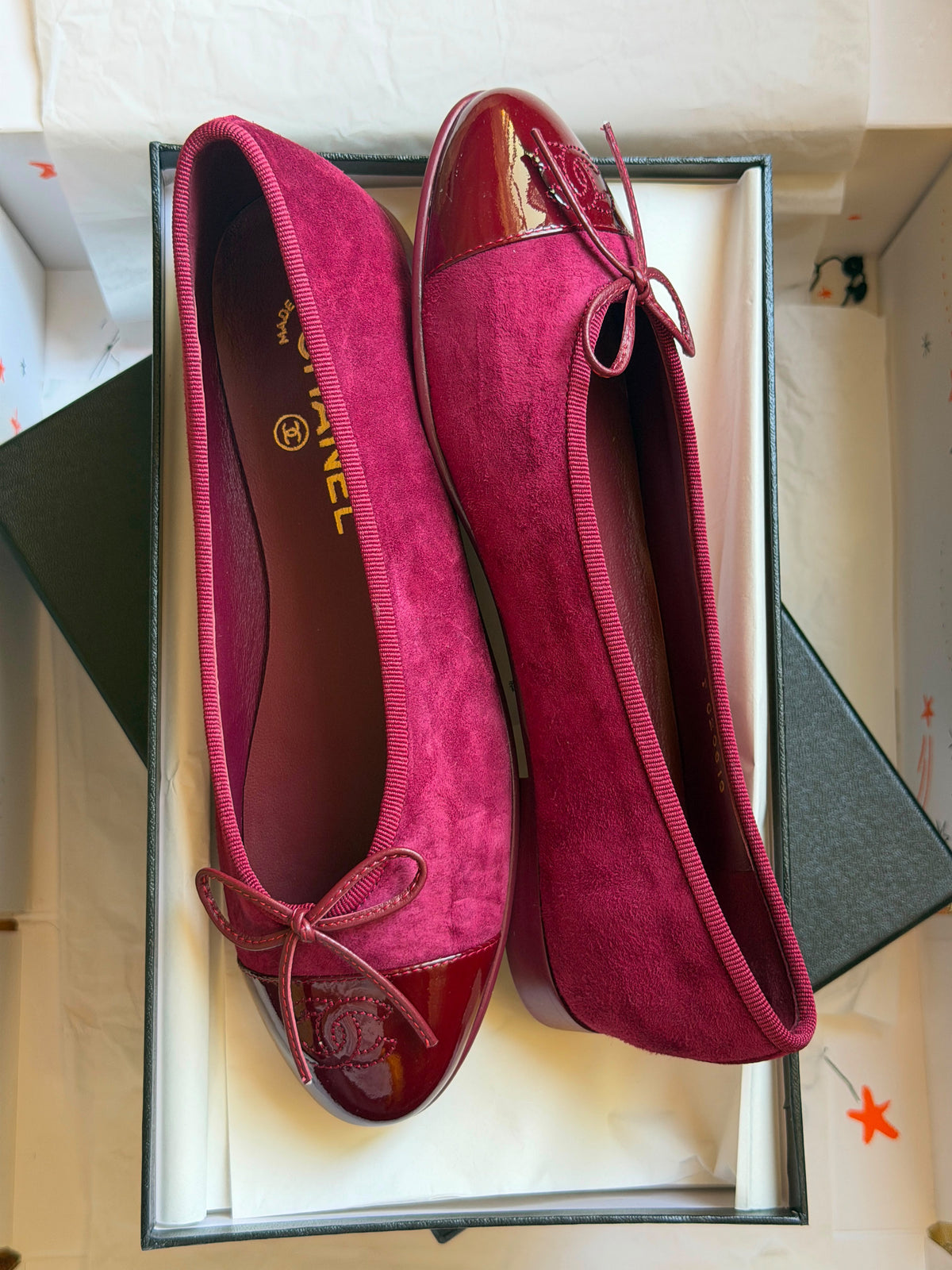 Chanel Suede Patent Calfskin Cap Toe CC Ballerina Flat