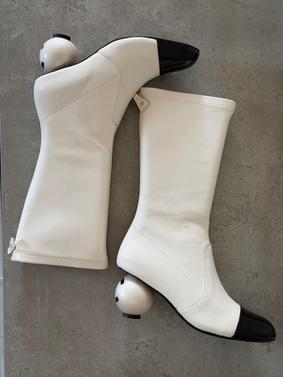 Chanel Stretch Lambskin Patent Cap Toe Pearl Ball Mid-Calf Boot