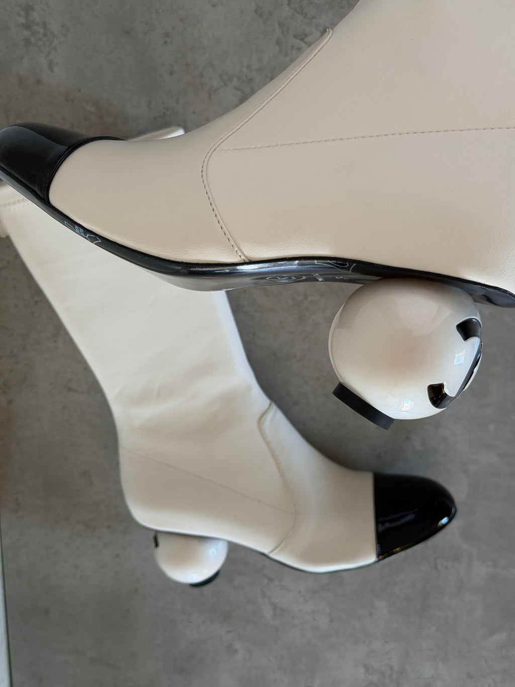 Chanel Stretch Lambskin Patent Cap Toe Pearl Ball Mid-Calf Boot