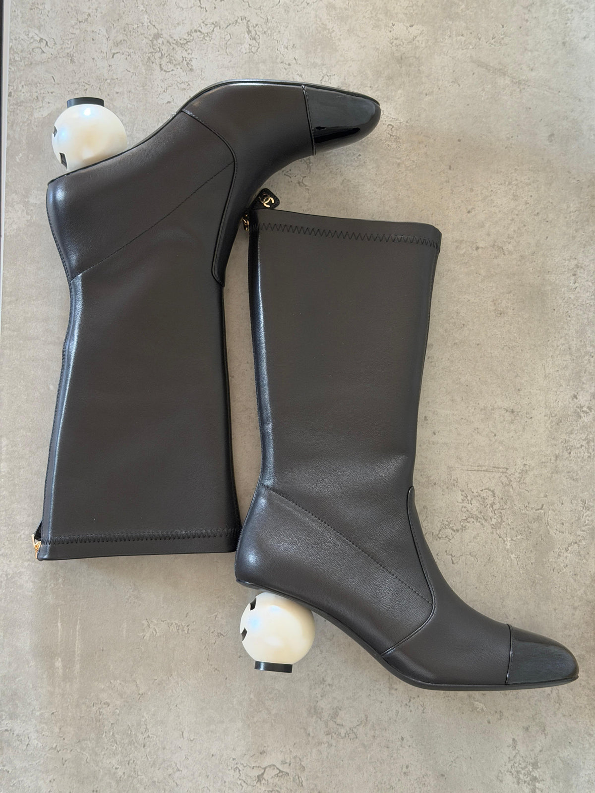 Chanel Stretch Lambskin Patent Cap Toe Pearl Ball Mid-Calf Boot