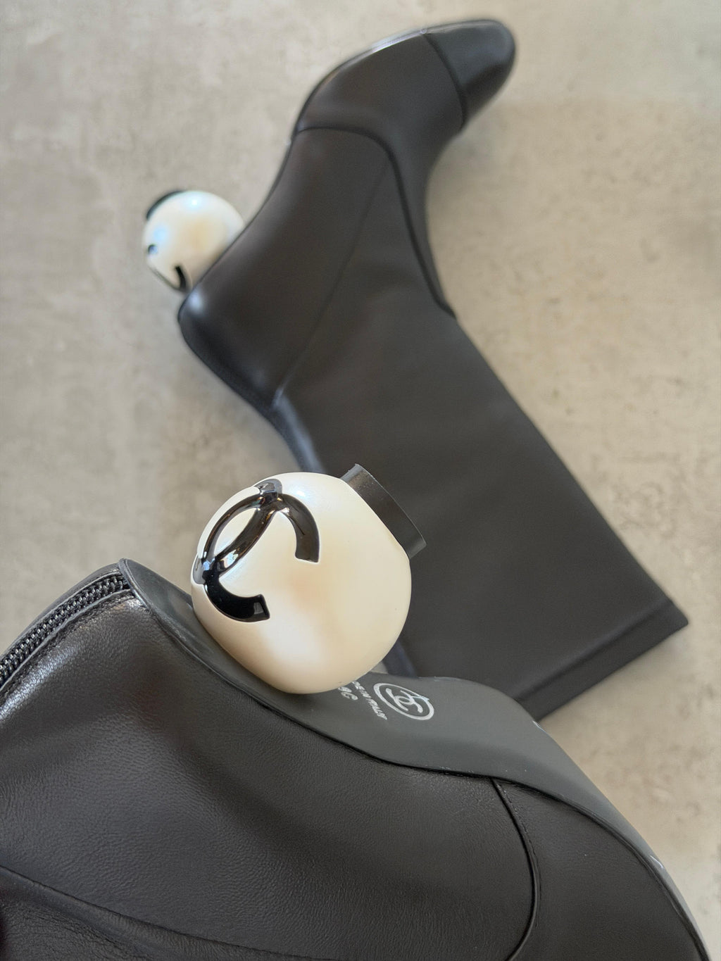 Chanel Stretch Lambskin Patent Cap Toe Pearl Ball Mid-Calf Boot