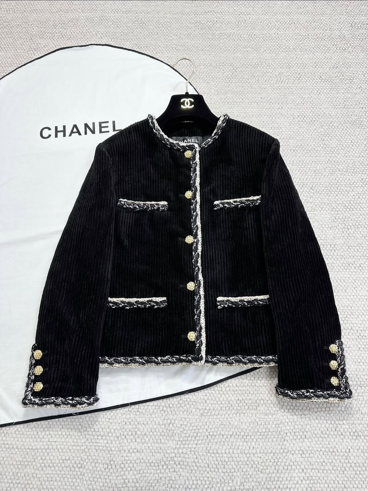 Chanel Black Corduroy Tweed-Trim Jacket