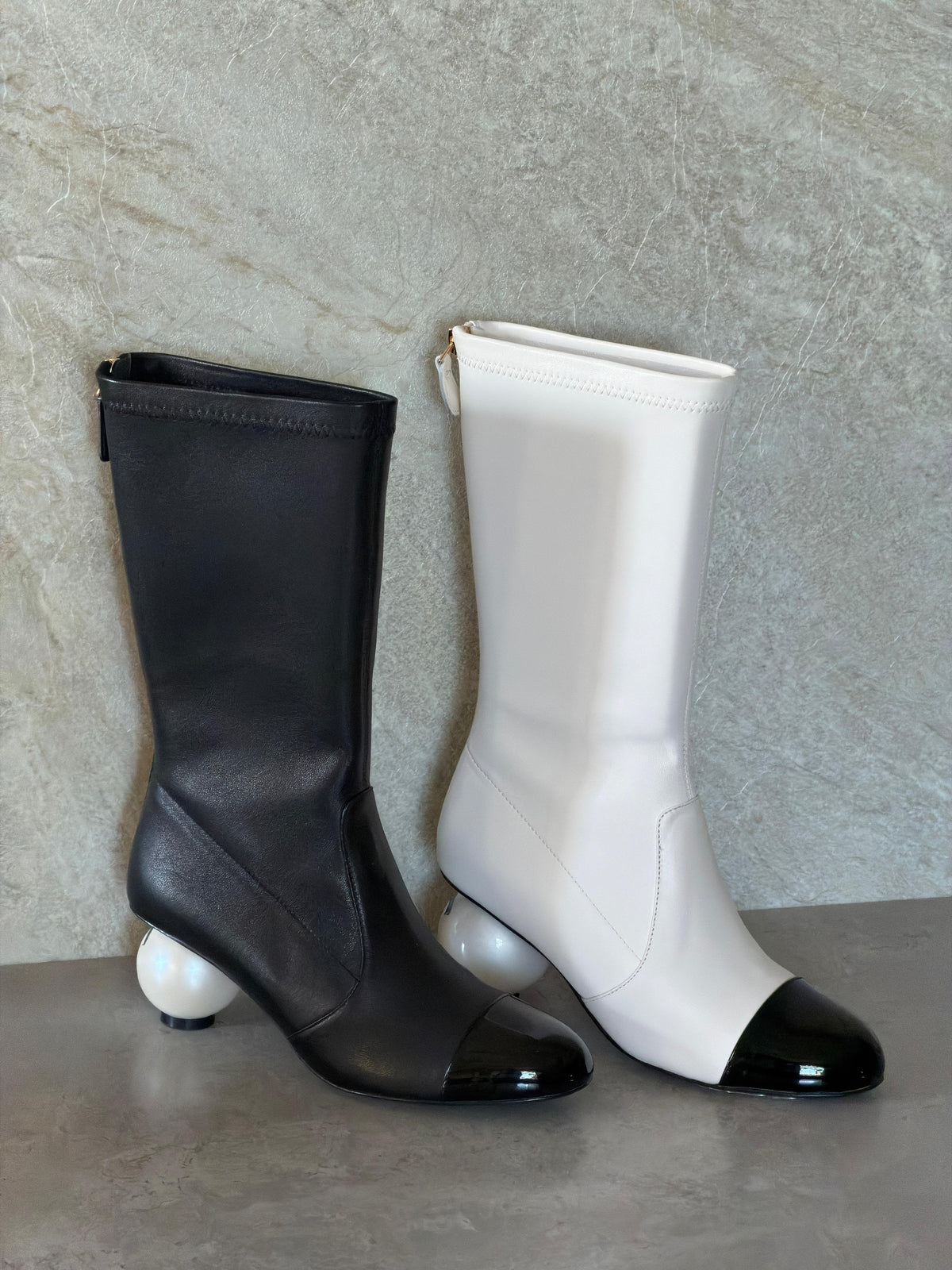 Chanel Stretch Lambskin Patent Cap Toe Pearl Ball Mid-Calf Boot