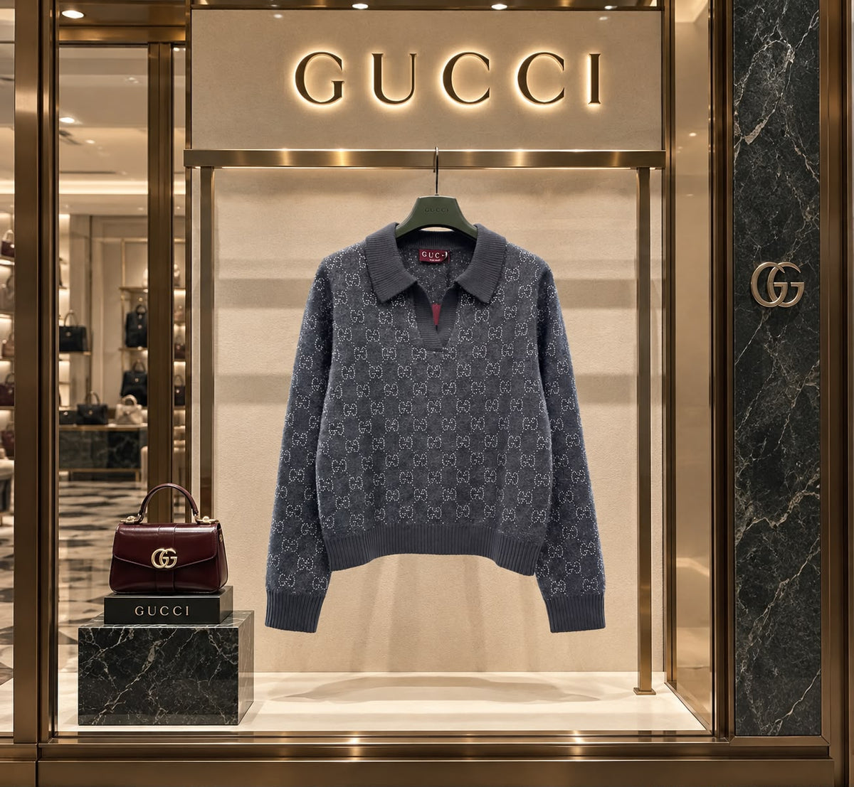 Gucci GG Jacquard Long-Sleeve Polo Sweater