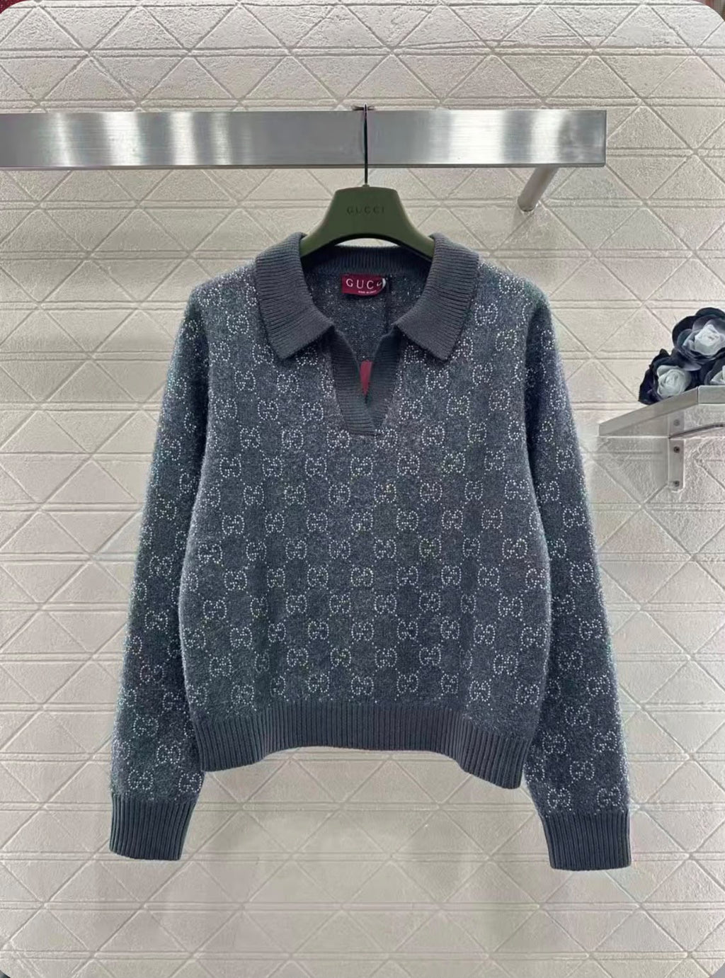 Gucci GG Jacquard Long-Sleeve Polo Sweater