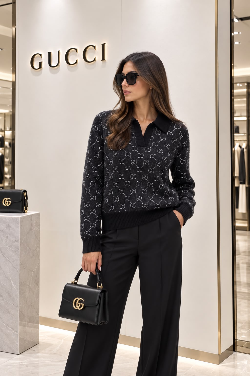 Gucci GG Jacquard Long-Sleeve Polo Sweater