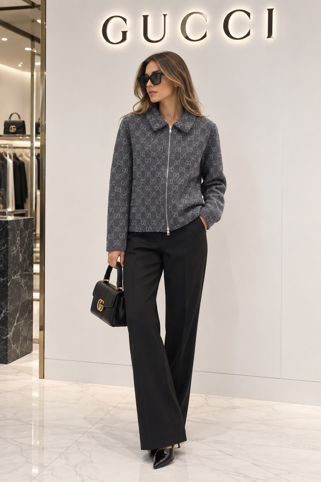 Gucci GG Wool Blend Bouclé Knit Zip Cardigan