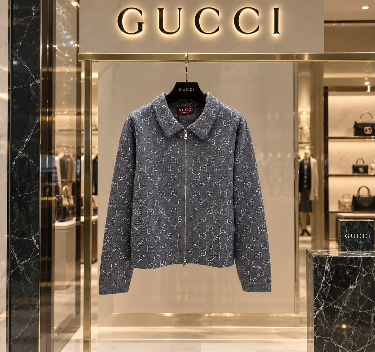 Gucci GG Wool Blend Bouclé Knit Zip Cardigan