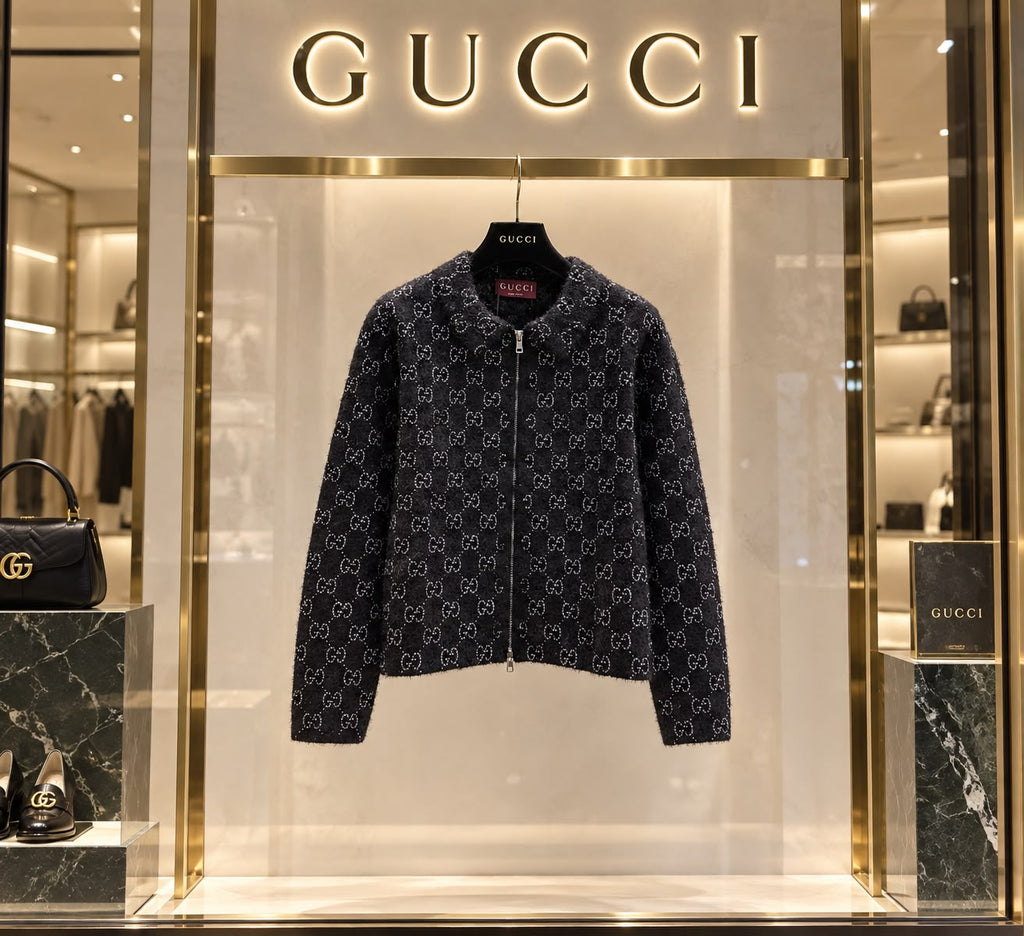 Gucci GG Wool Blend Bouclé Knit Zip Cardigan