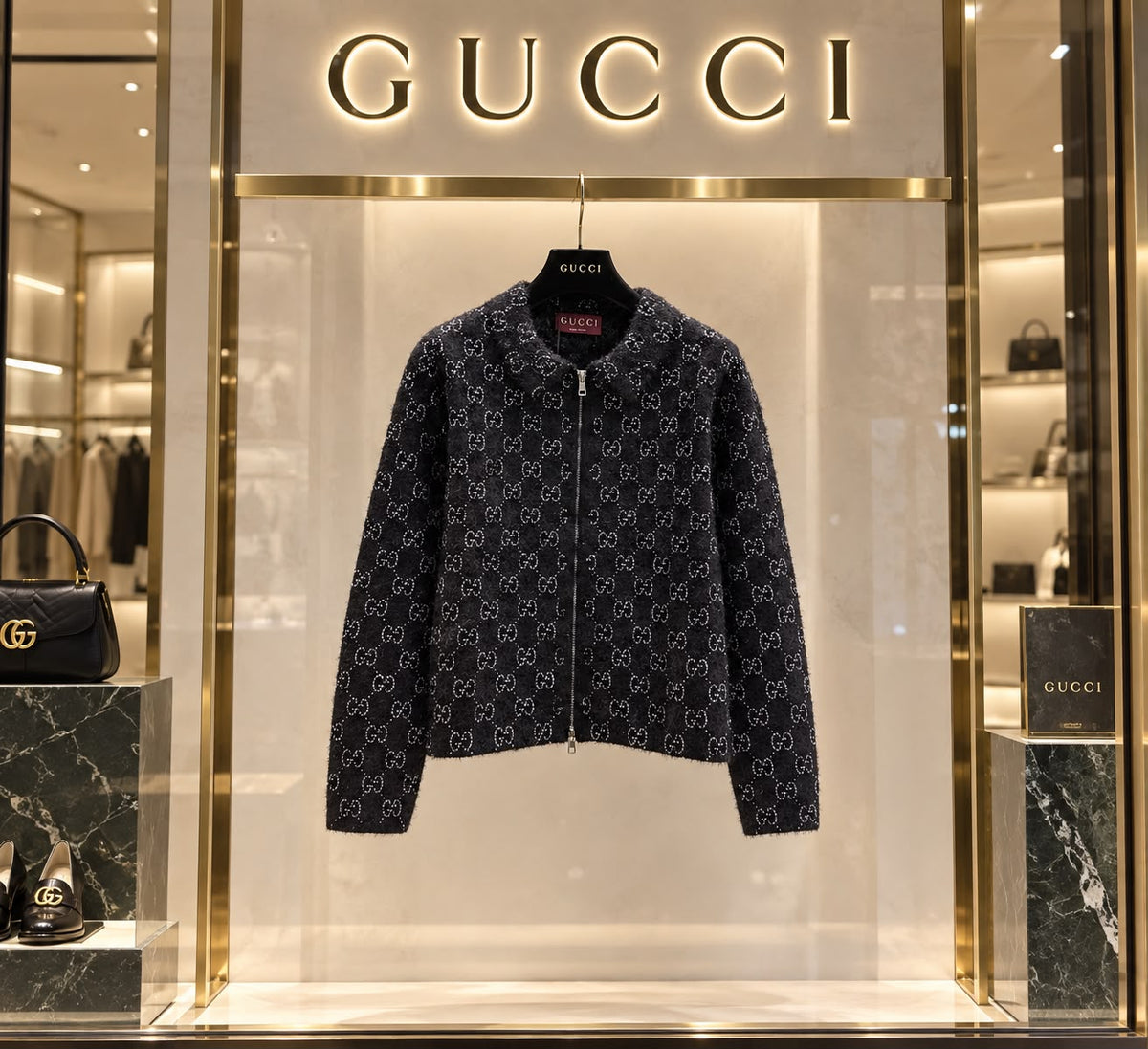 Gucci GG Wool Blend Bouclé Knit Zip Cardigan