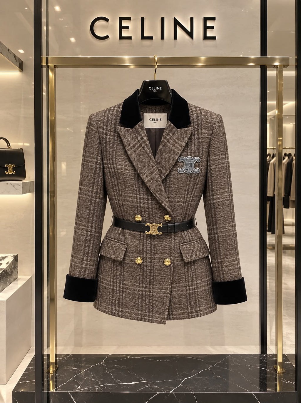 Celine Double-Breasted Plaid Wool Blazer Jacket