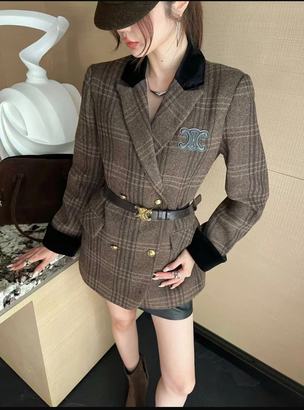 Celine Double-Breasted Plaid Wool Blazer Jacket