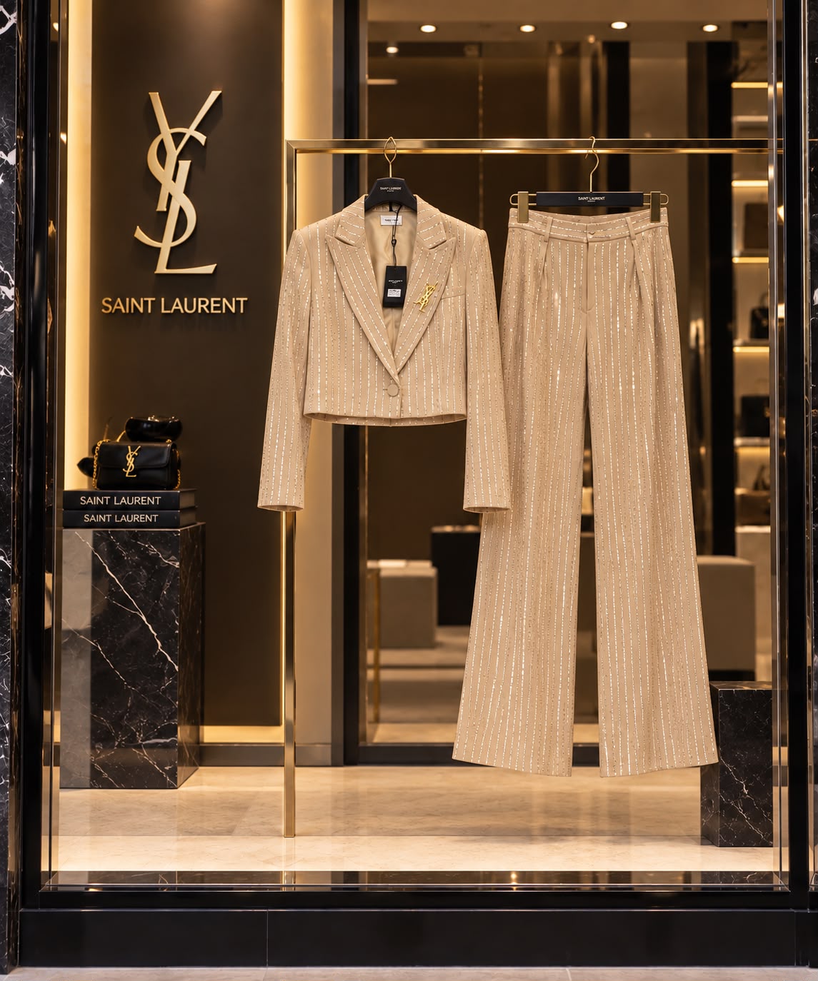 Saint Laurent Crystal-Pinstripe Cropped Blazer and Wide-Leg Trousers Suit