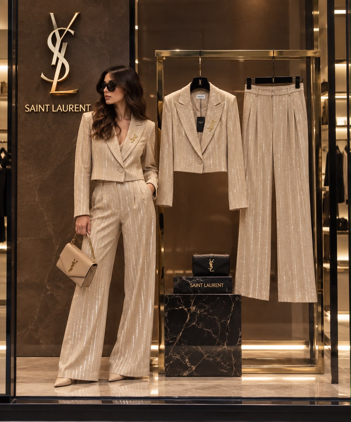 Saint Laurent Crystal-Pinstripe Cropped Blazer and Wide-Leg Trousers Suit
