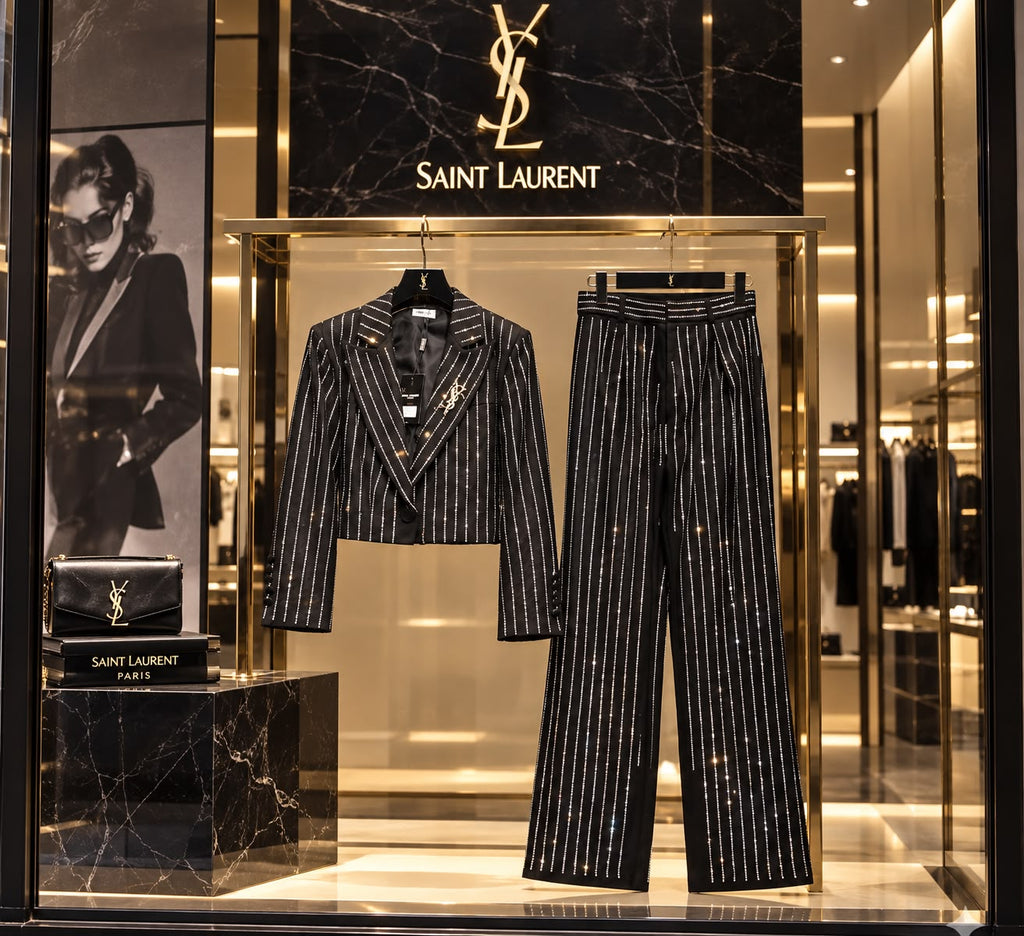 Saint Laurent Crystal-Pinstripe Cropped Blazer and Wide-Leg Trousers Suit