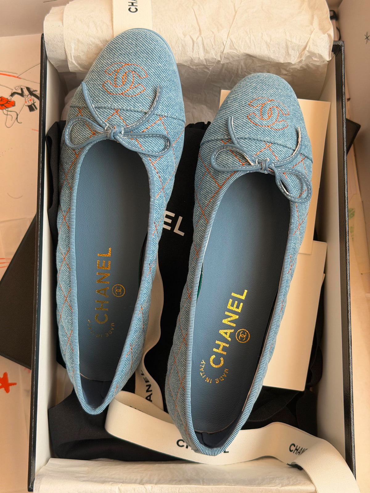 Chanel Quilted Denim Ballet Flats