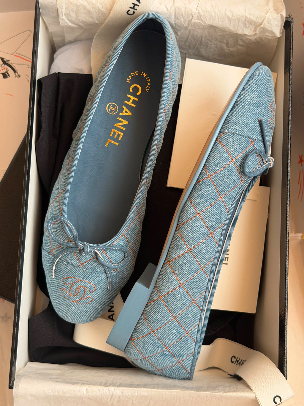 Chanel Quilted Denim Ballet Flats