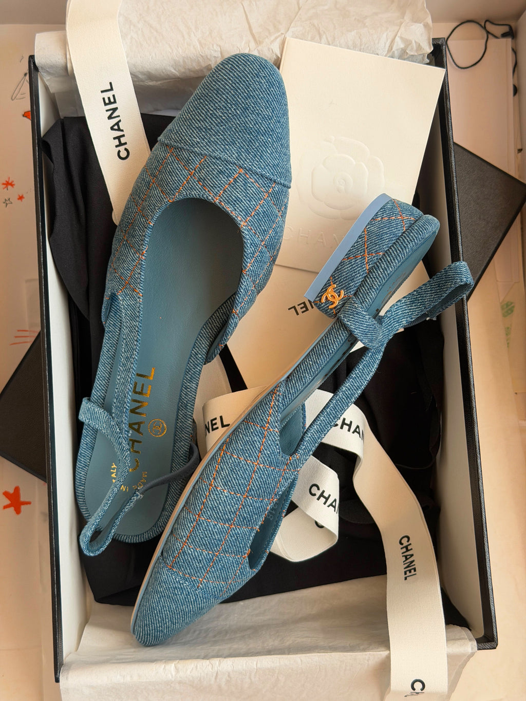 Chanel Quilted Denim Slingback Flats