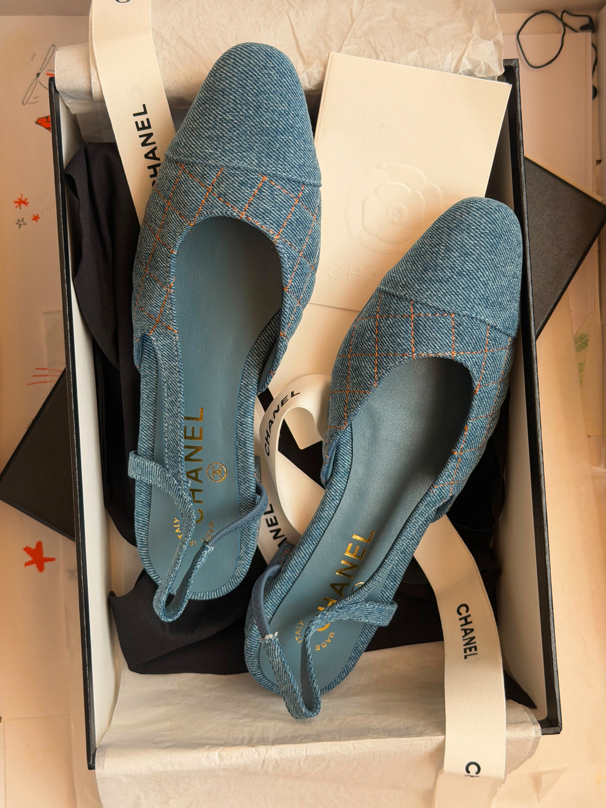 Chanel Quilted Denim Slingback Flats