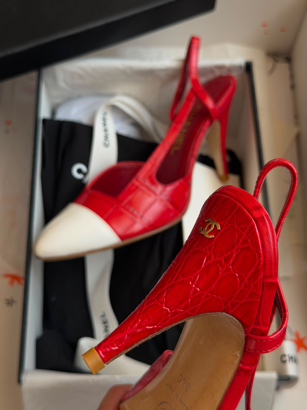 Chanel Crocodile-Embossed Calfskin & Patent Slingbacks