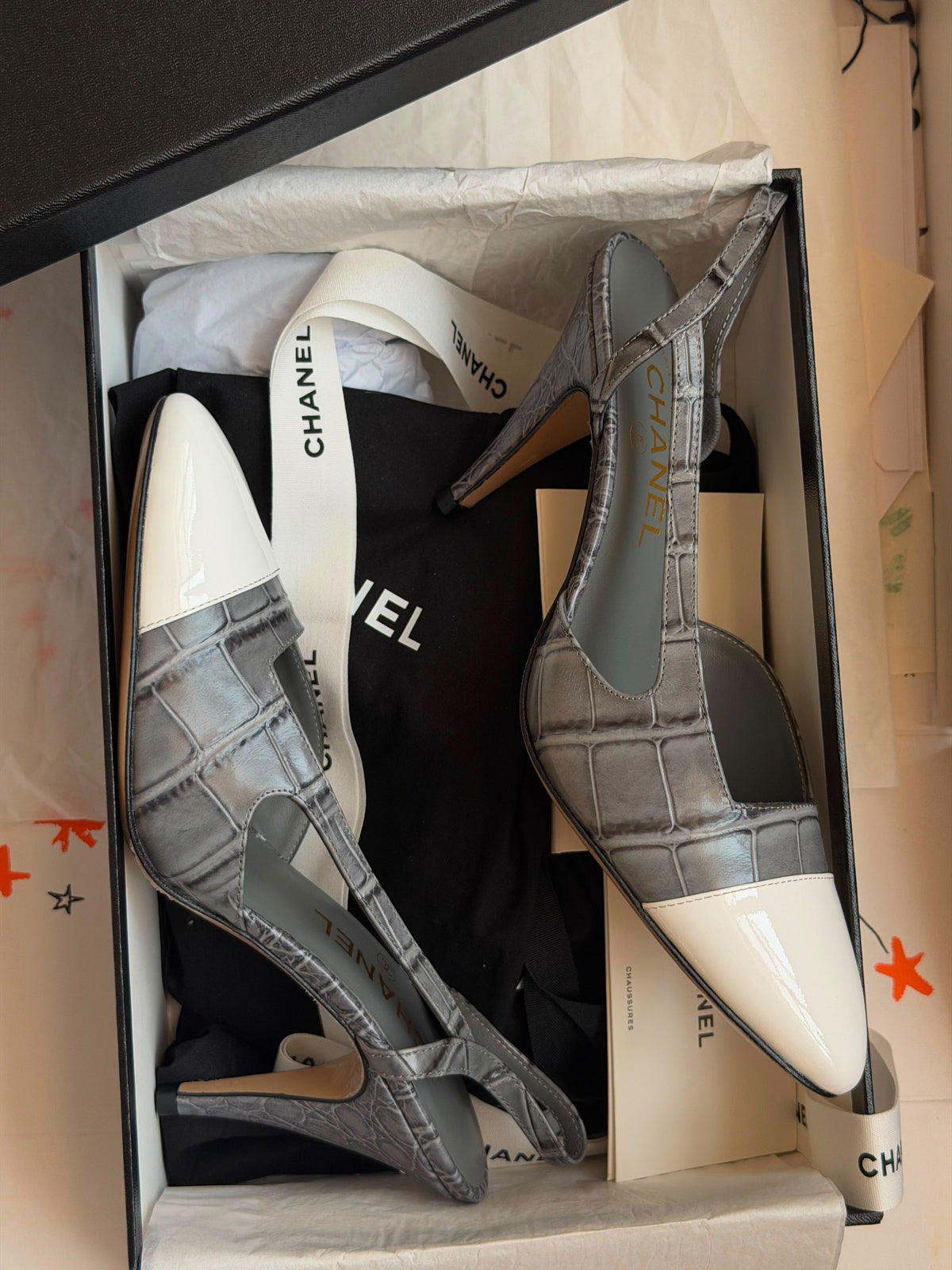 Chanel Crocodile-Embossed Calfskin & Patent Slingbacks