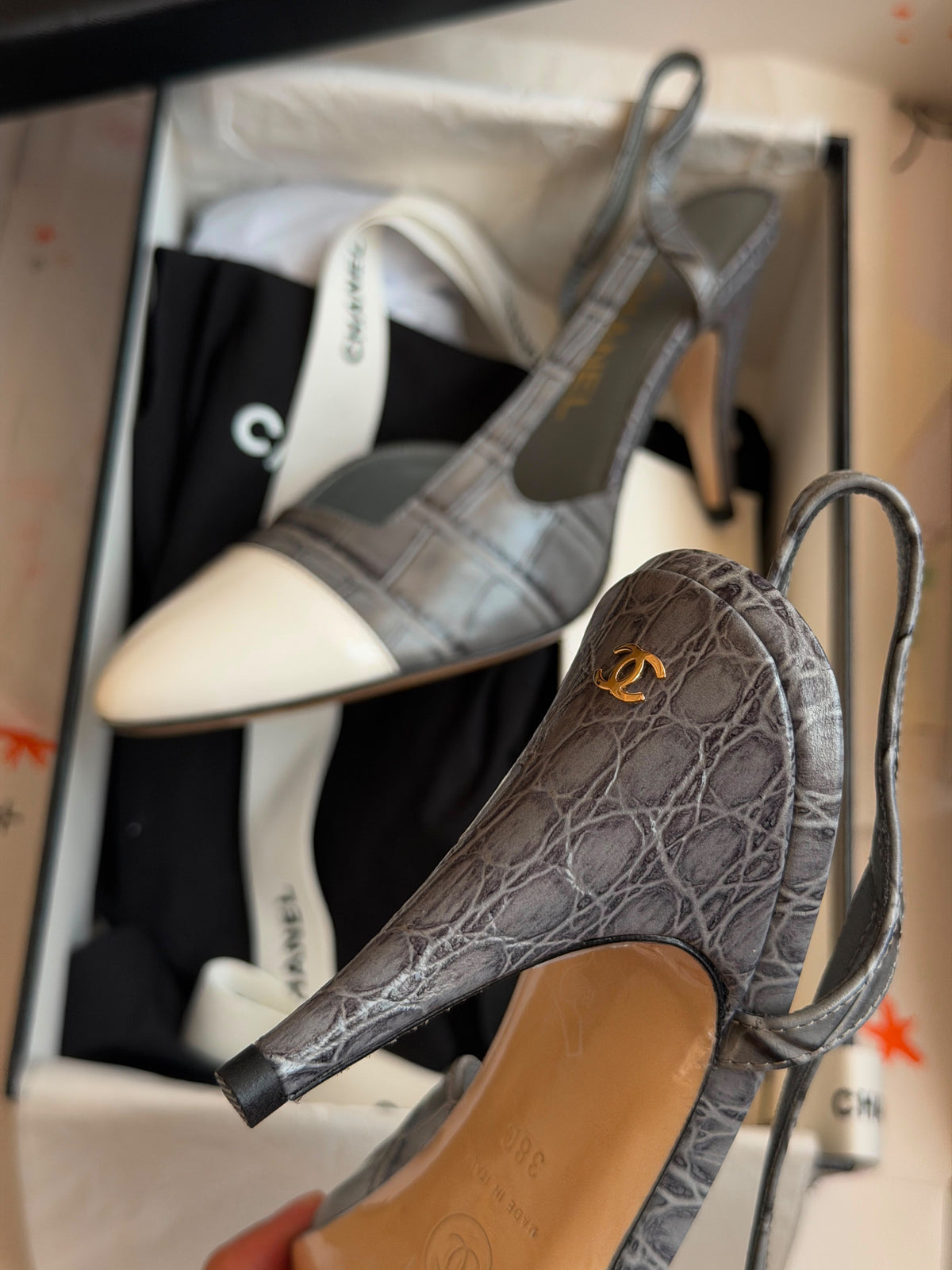 Chanel Crocodile-Embossed Calfskin & Patent Slingbacks