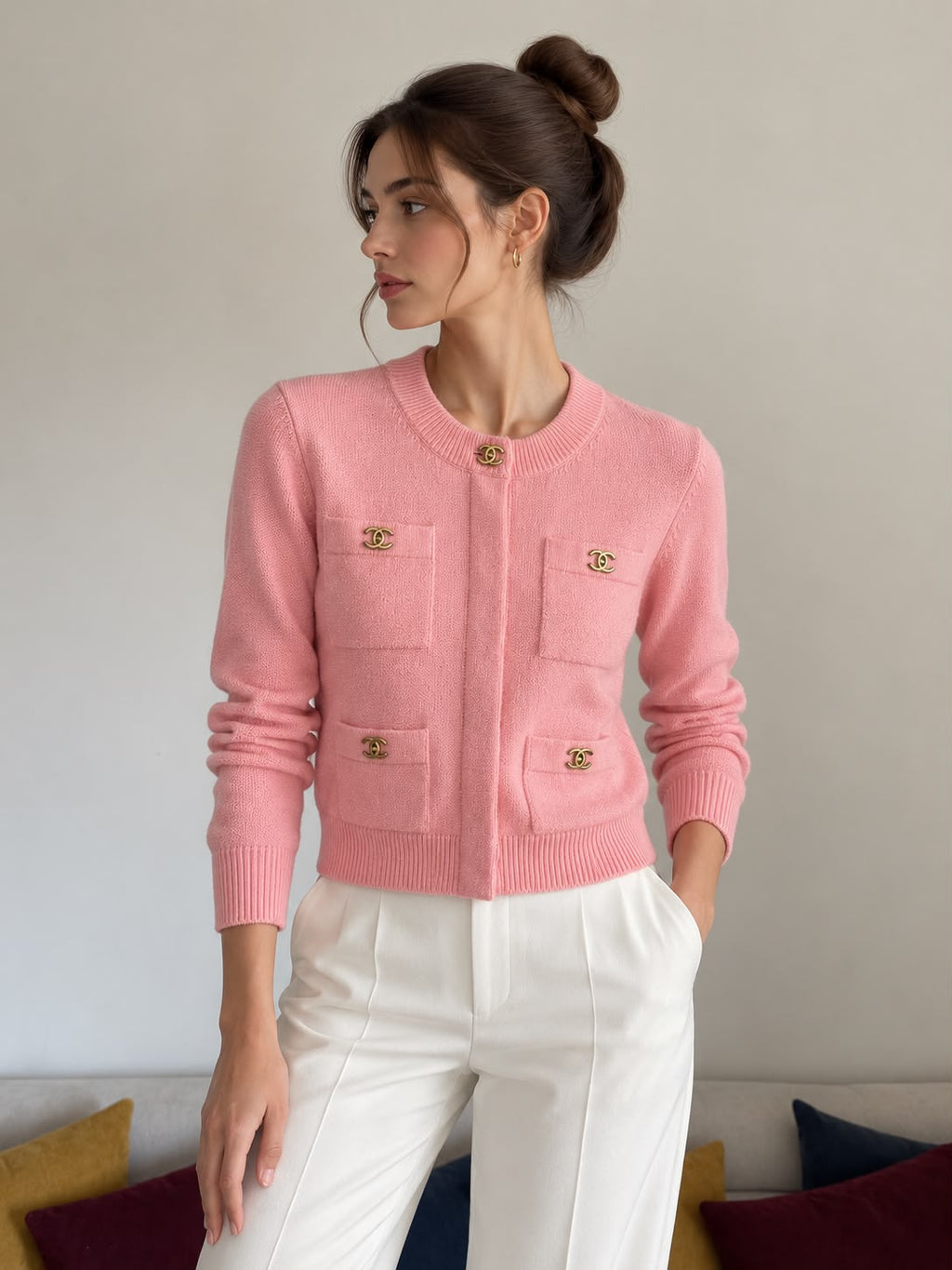 Chanel Bright Pink Cashmere Knit Jacket Cardigan