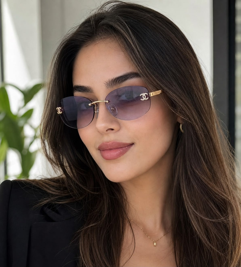 Chanel Rimless Crystal CC Oval Sunglasses