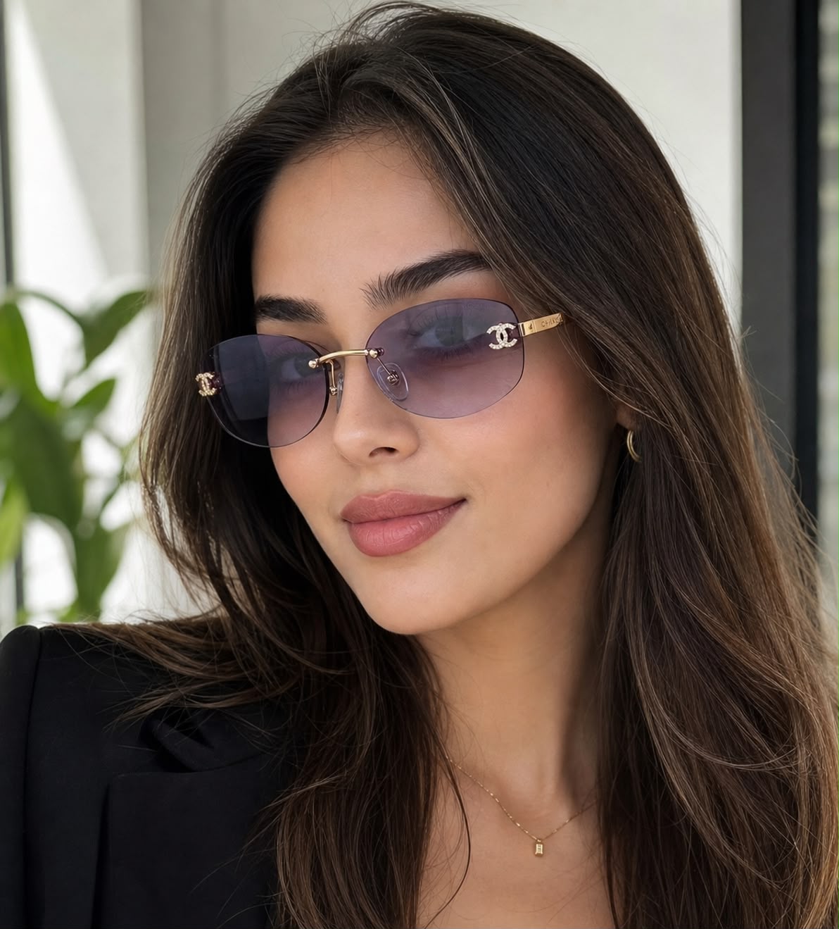 Chanel Rimless Crystal CC Oval Sunglasses