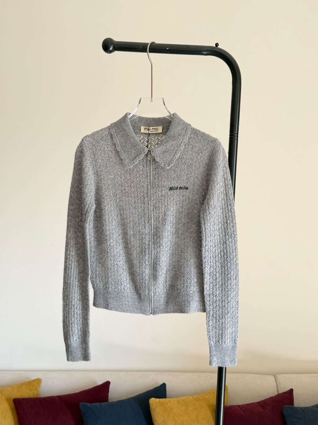 Miu Miu Zip Cardigan in Cashmere Silk Pointelle