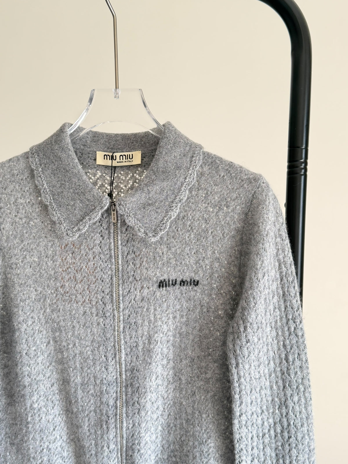 Miu Miu Zip Cardigan in Cashmere Silk Pointelle