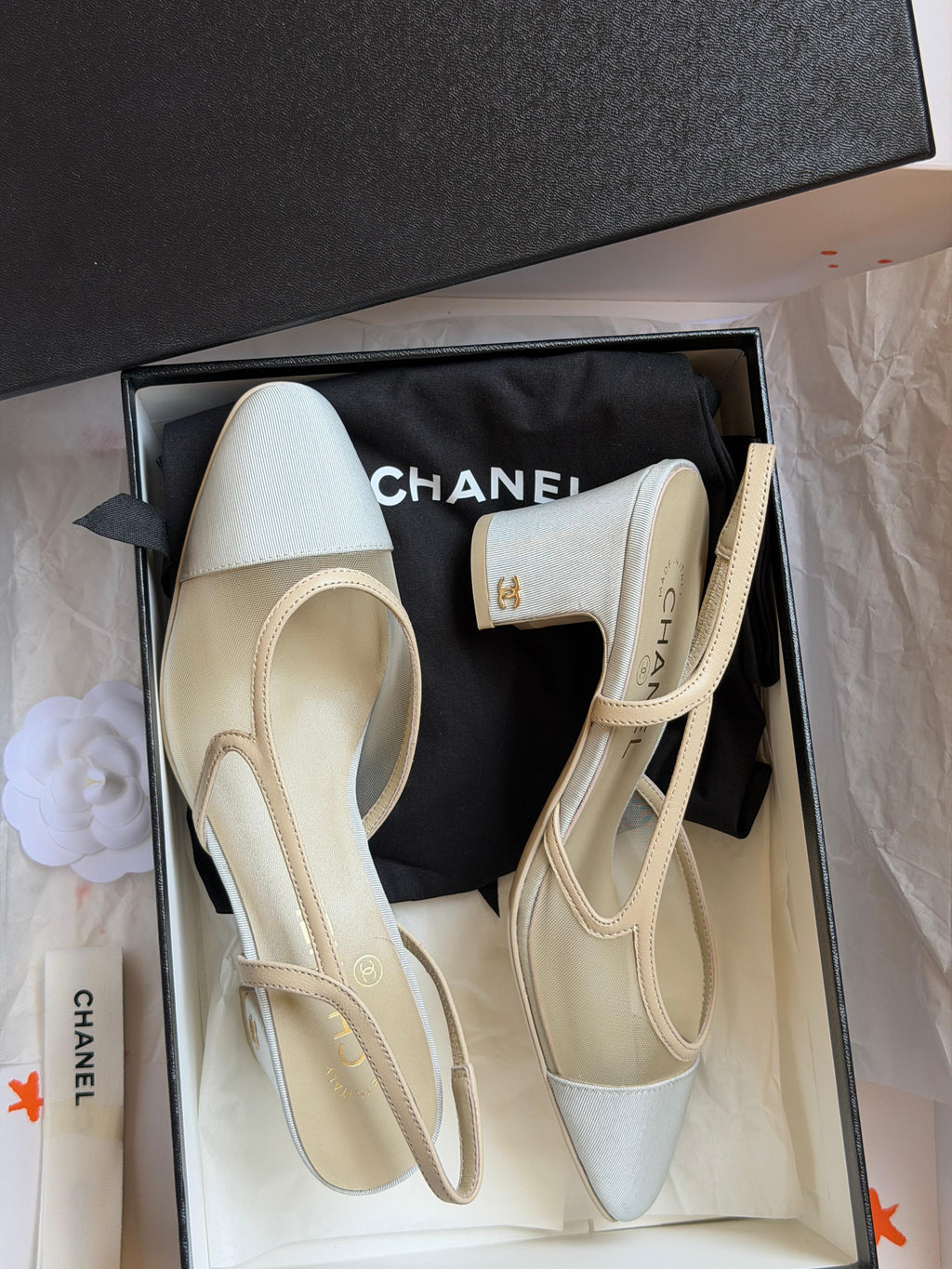 Chanel Grosgrain and Mesh Interlocking CC Slingback Pumps