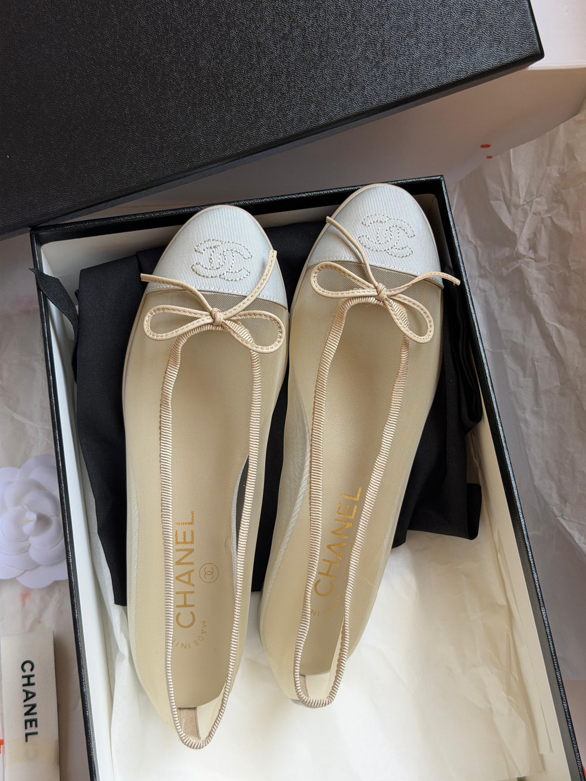 Chanel Mesh Grosgrain CC Cap-Toe Ballerina Flats