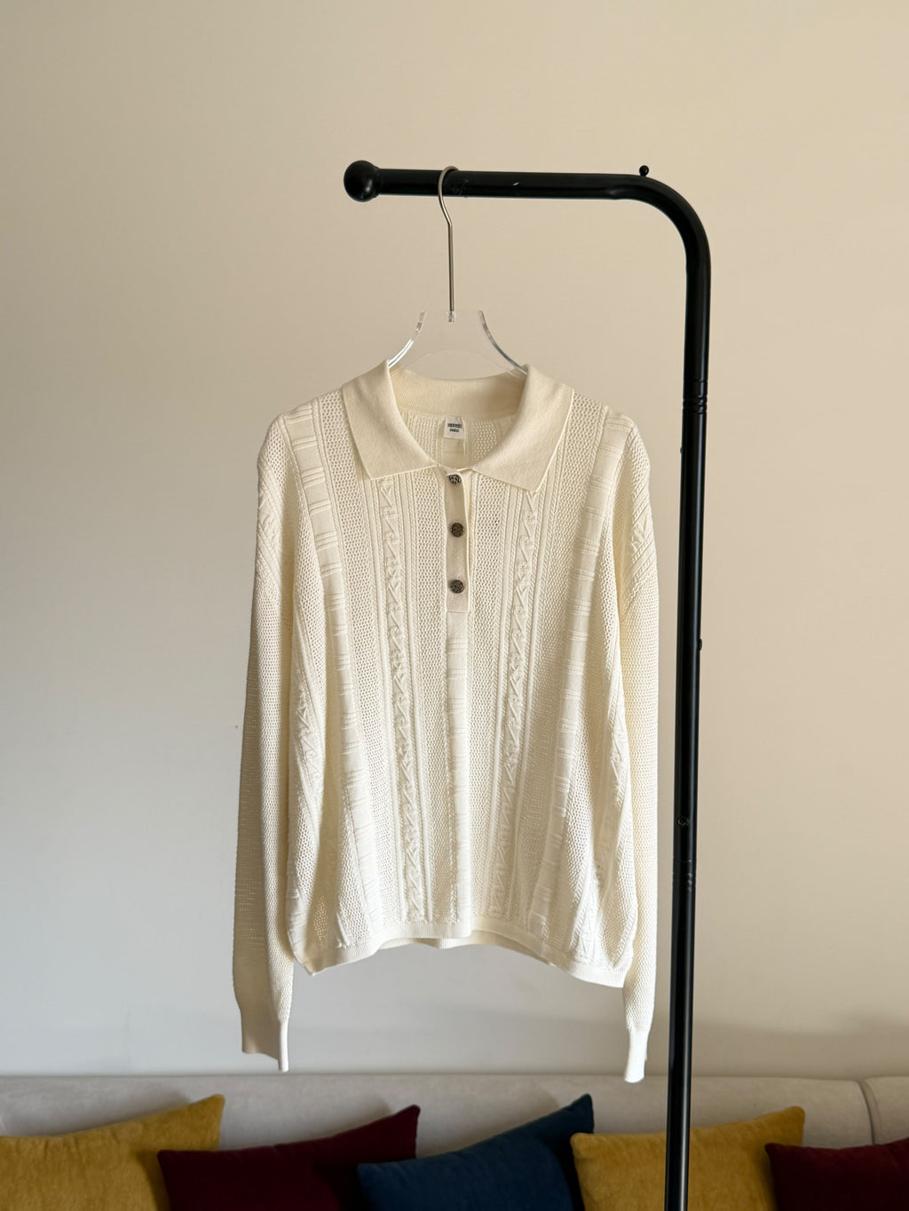 Hermes Cable Stitch and Mesh Knit Long-Sleeve Polo Sweater