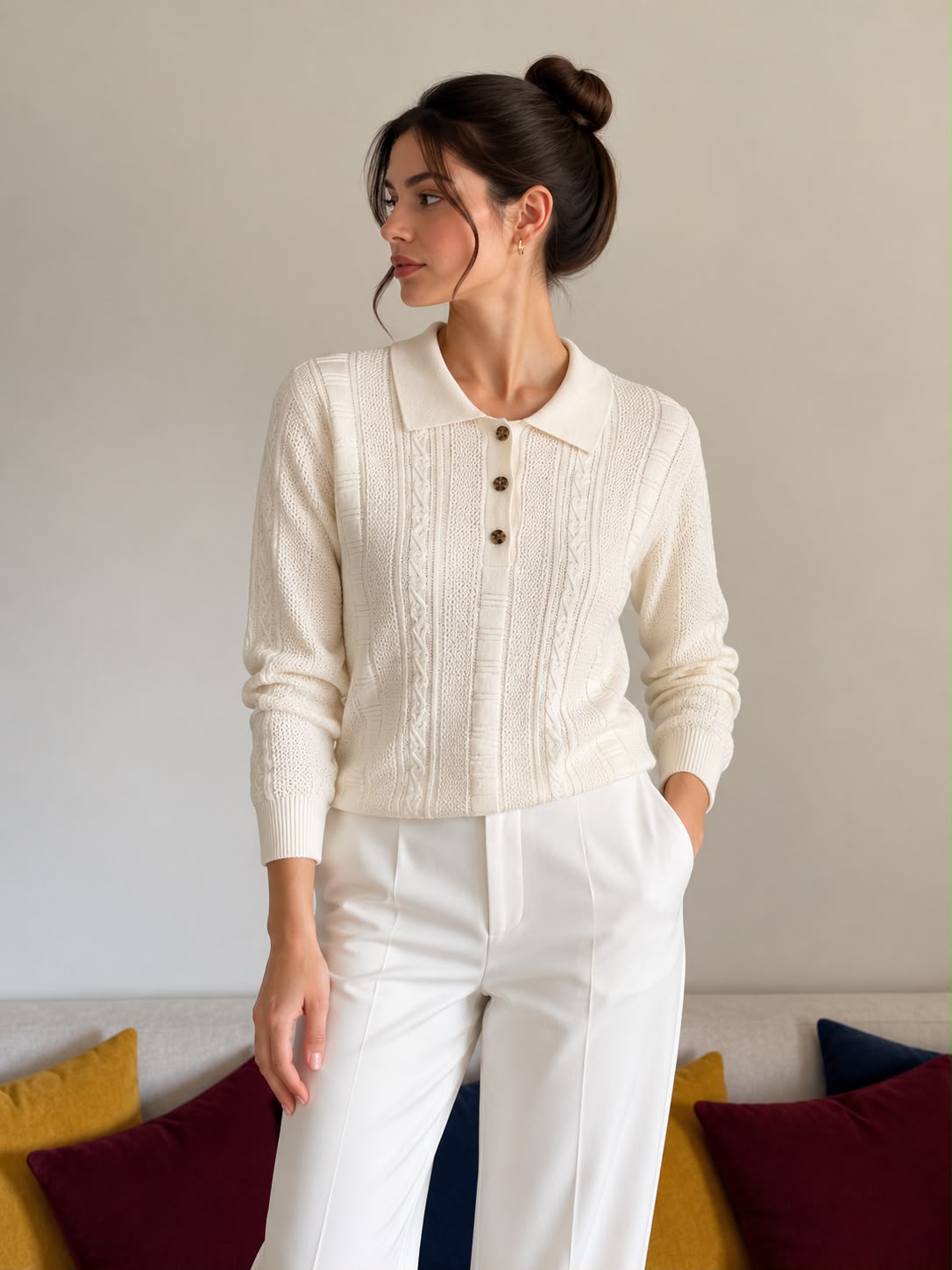 Hermes Cable Stitch and Mesh Knit Long-Sleeve Polo Sweater